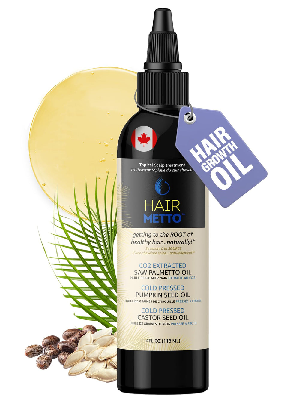 HAIRMETTO pumpkin seed oil bottle for targeted scalp nourishment.
