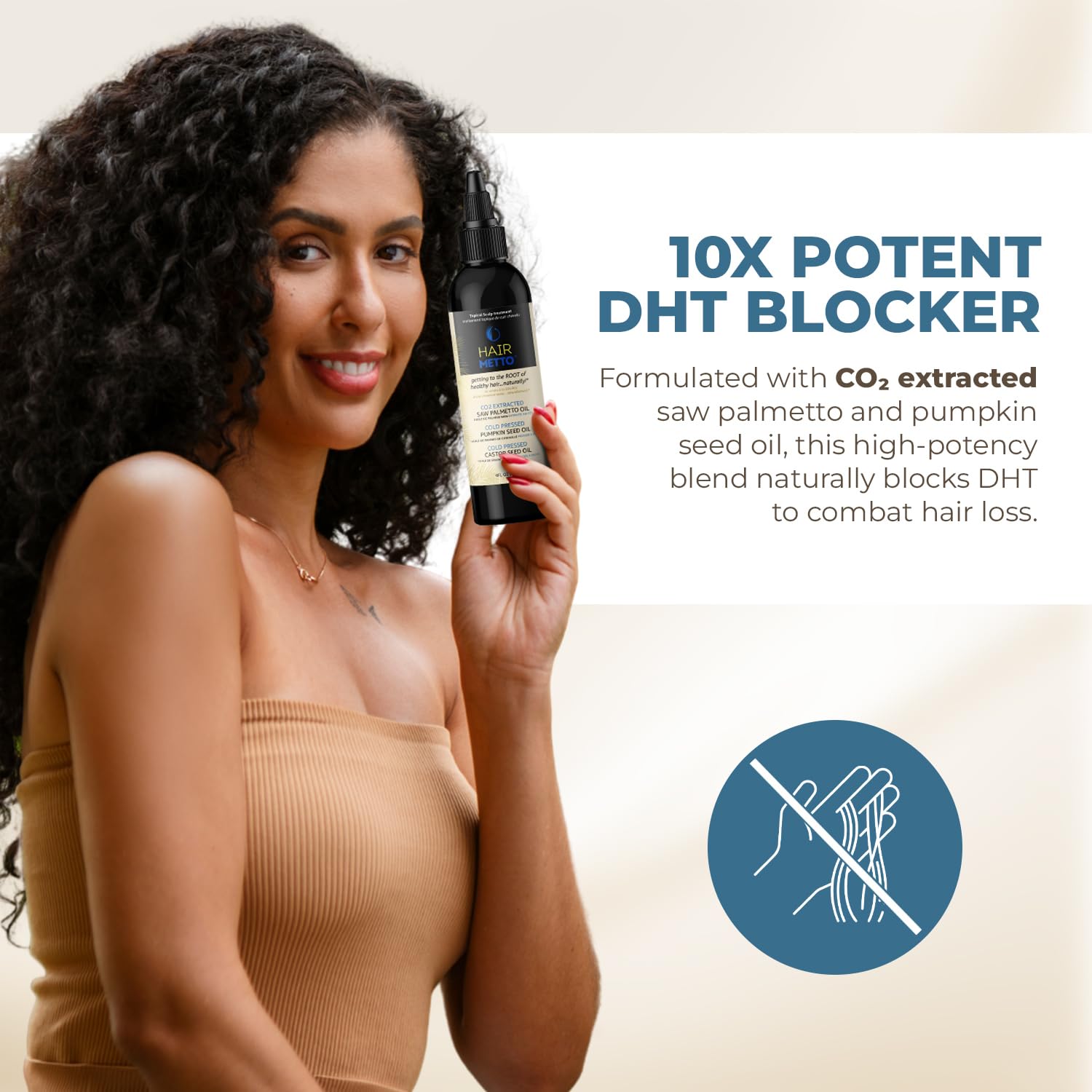 HAIRMETTO CO2-extracted blend indicating natural, gentle scalp care.
