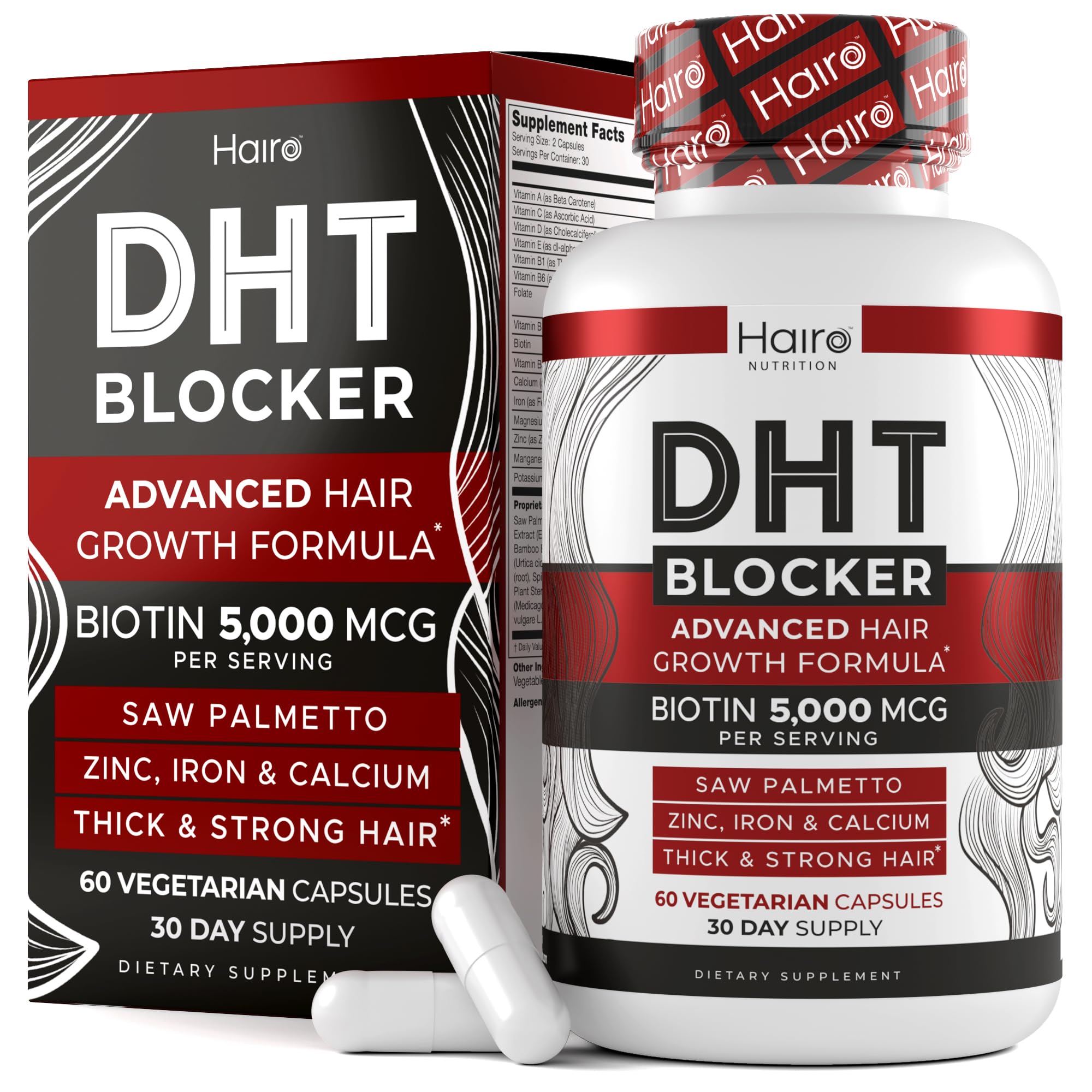 Hairo Nutrition DHT Blocker capsules beside the bottle promote potential hair growth.