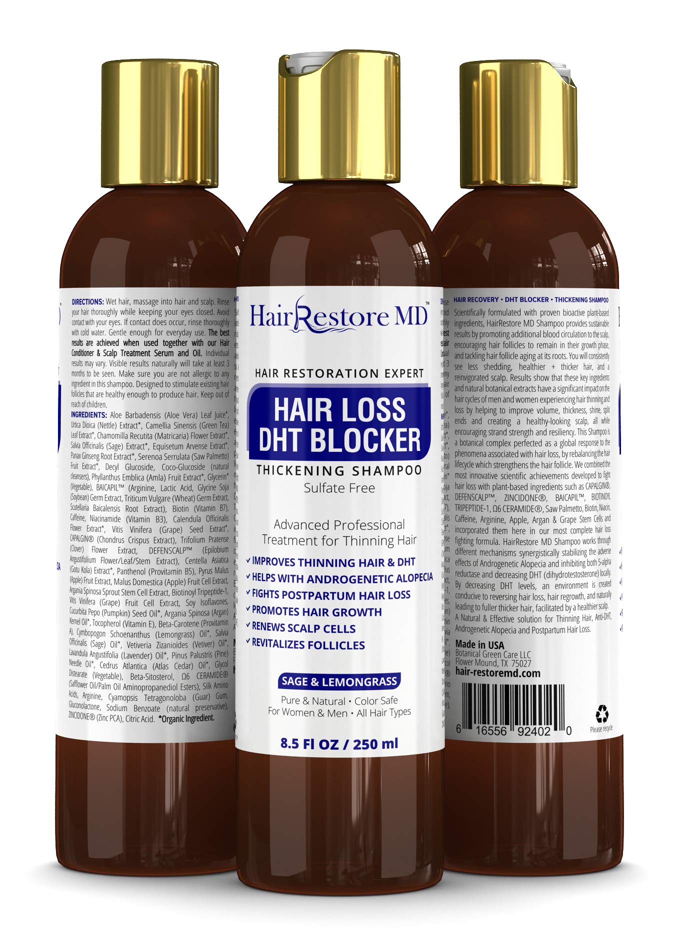 HairRestore MD DHT Blocker Shampoo bottle close-up highlighting a natural, sulfate-free formula for thinning hair.