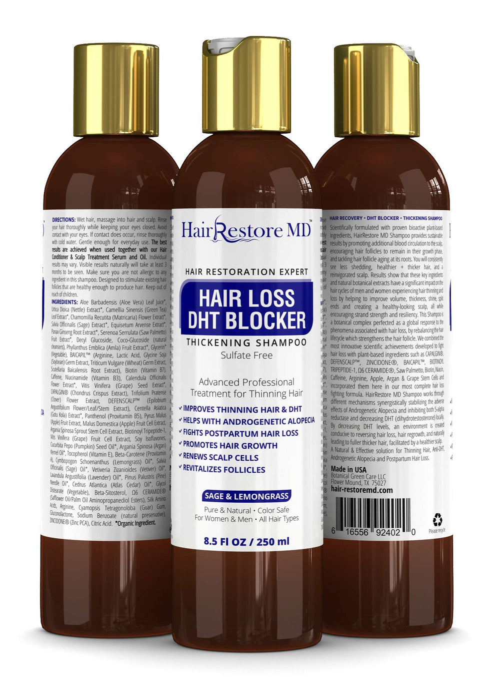HairRestore MD DHT Blocker Shampoo bottle close-up highlighting a natural, sulfate-free formula for thinning hair.