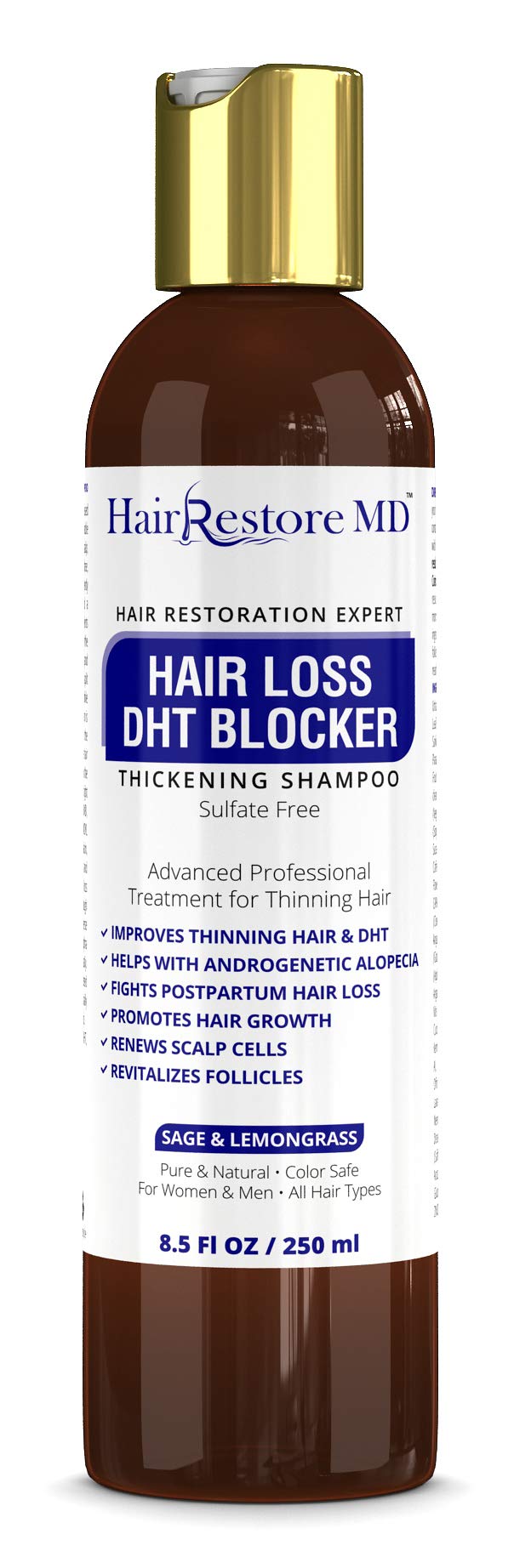 HairRestore MD DHT Blocker Shampoo bottle being poured to support scalp health and fullness.
