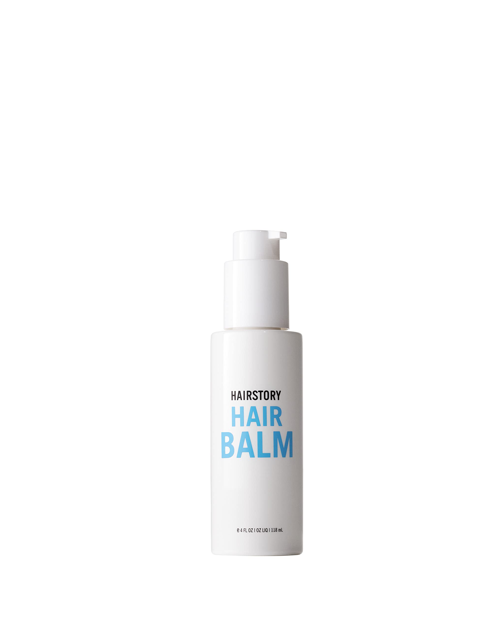 Hairstory Hair Balm bottle close-up highlights glossy moisture for smooth, hydrated hair.
