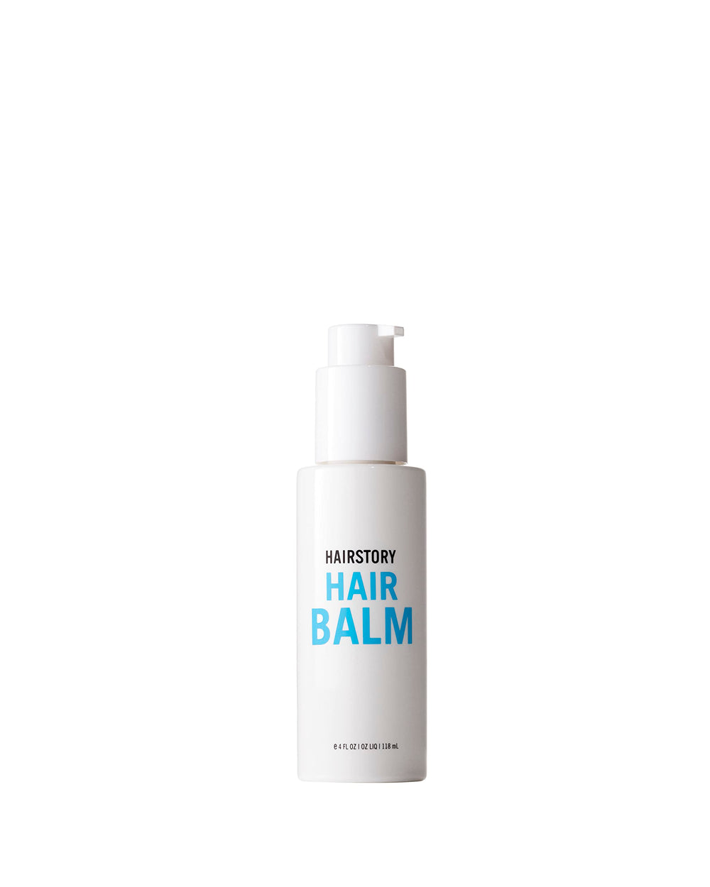Hairstory Hair Balm bottle close-up highlights glossy moisture for smooth, hydrated hair.