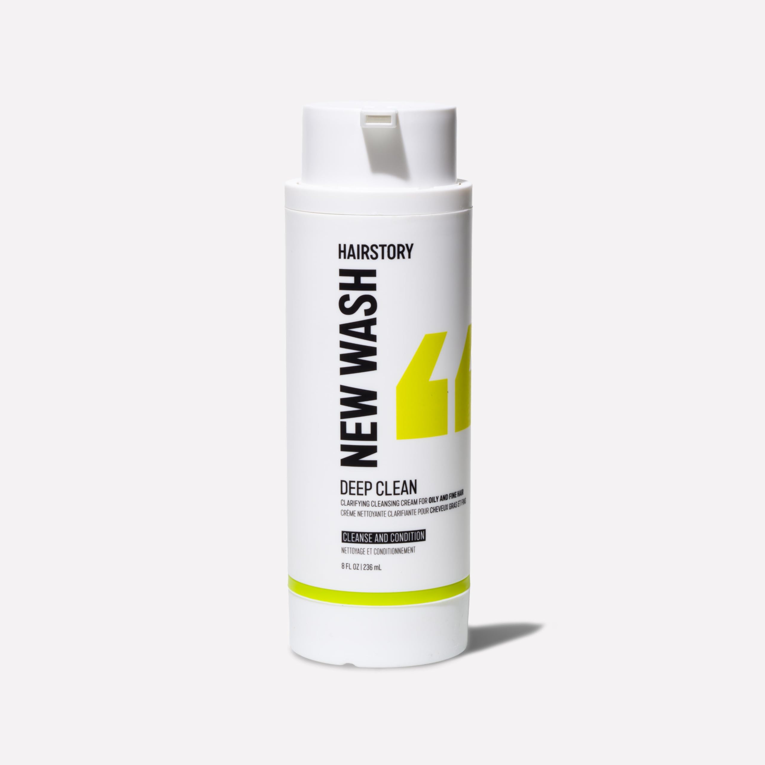 Hairstory New Wash Deep Clean bottle front view shows clarifying cleanse for oily, fine hair