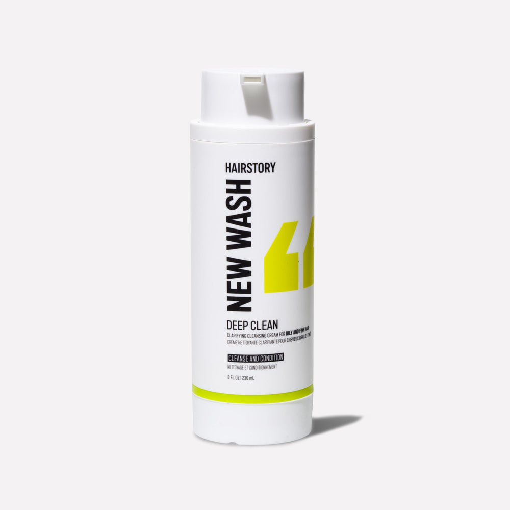 Hairstory New Wash Deep Clean bottle front view shows clarifying cleanse for oily, fine hair