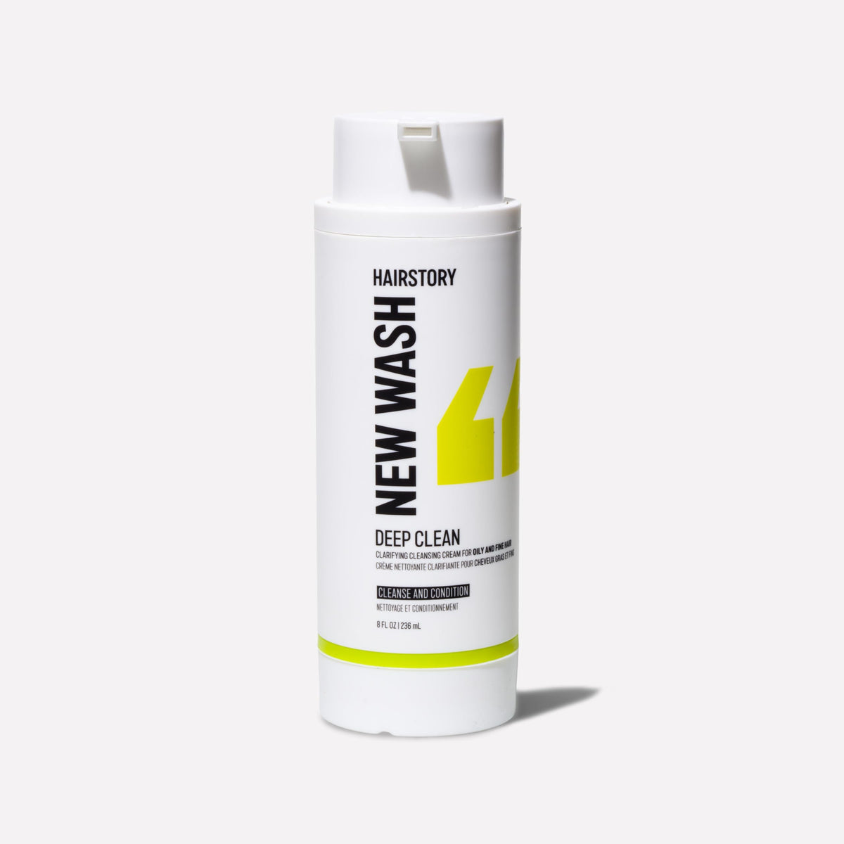 Hairstory New Wash Deep Clean bottle front view shows clarifying cleanse for oily, fine hair