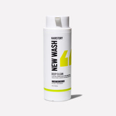 Hairstory New Wash Deep Clean bottle front view shows clarifying cleanse for oily, fine hair