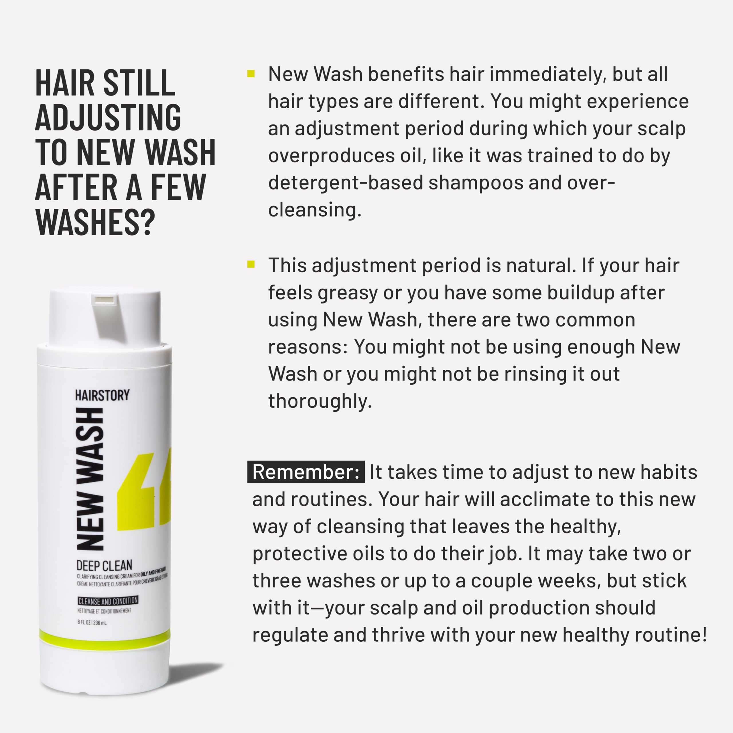 Close-up of Hairstory New Wash Deep Clean formula; clarifying action removes dirt and oil