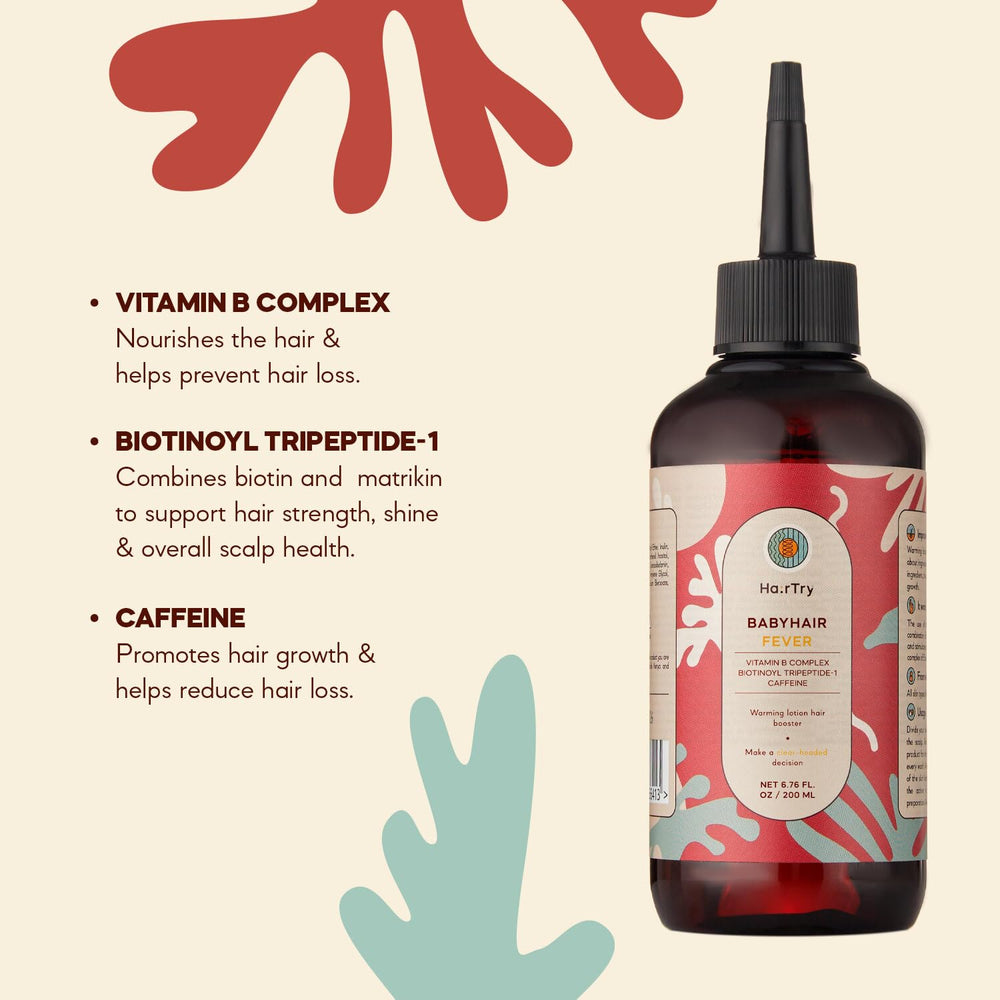 HairTry Babyhair Fever ingredients closeup highlights Biotin Tripeptide and Vitamin B Complex