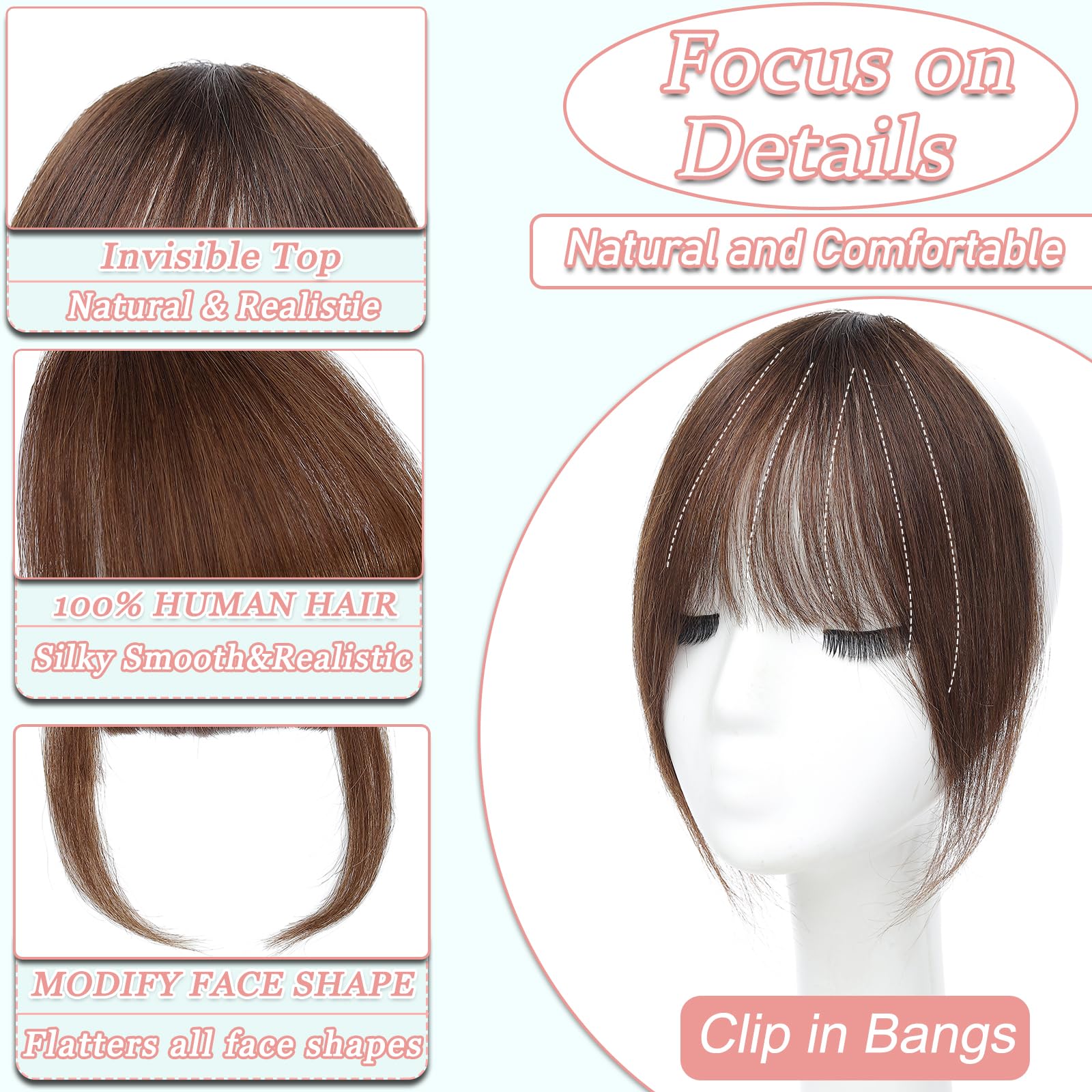 HAITOO clip-in bangs in medium brown complement warm hair tones.
