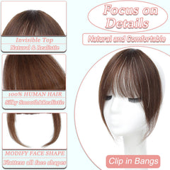 HAITOO clip-in bangs in medium brown complement warm hair tones.