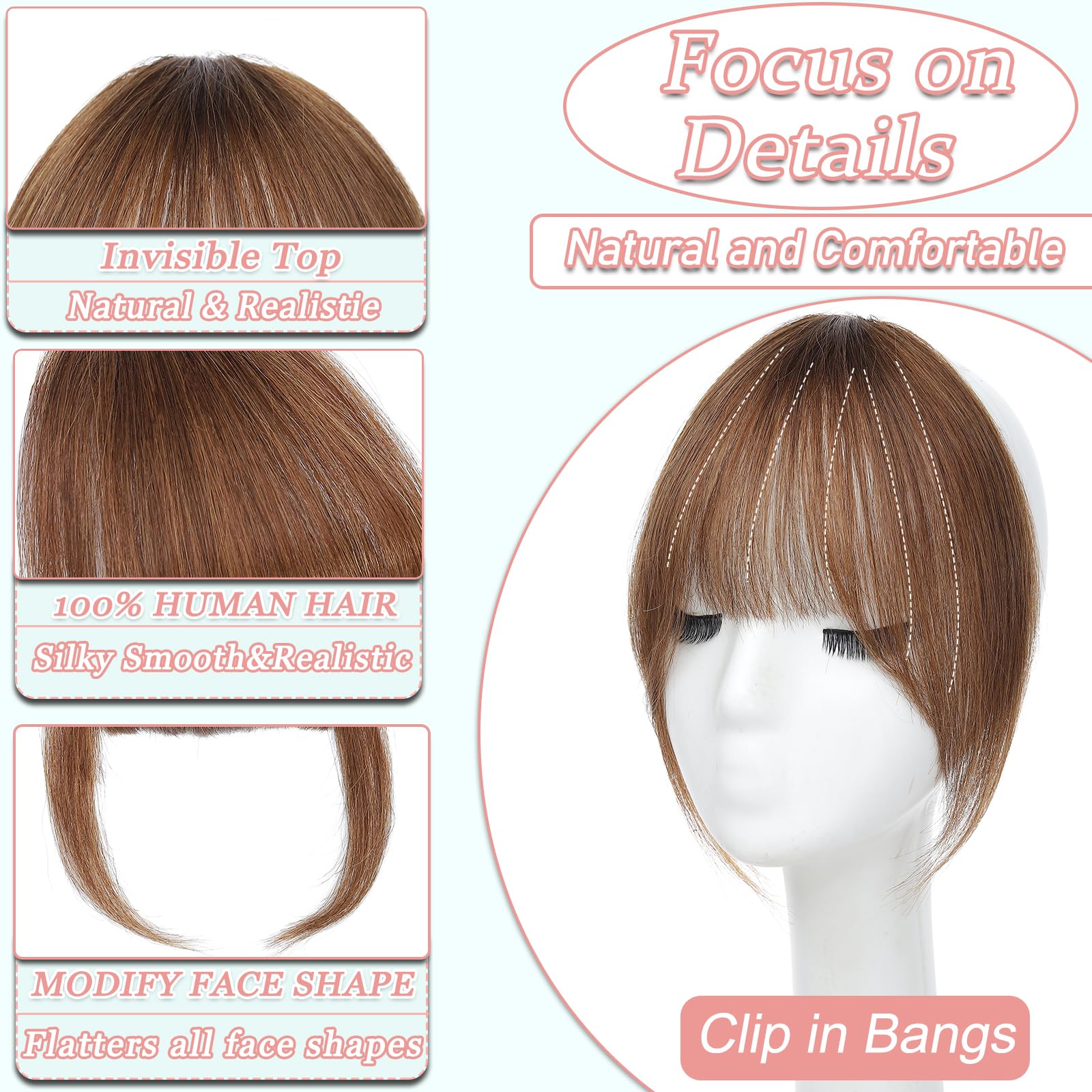 HAITOO French bangs clip-on in light brown for a classic frame