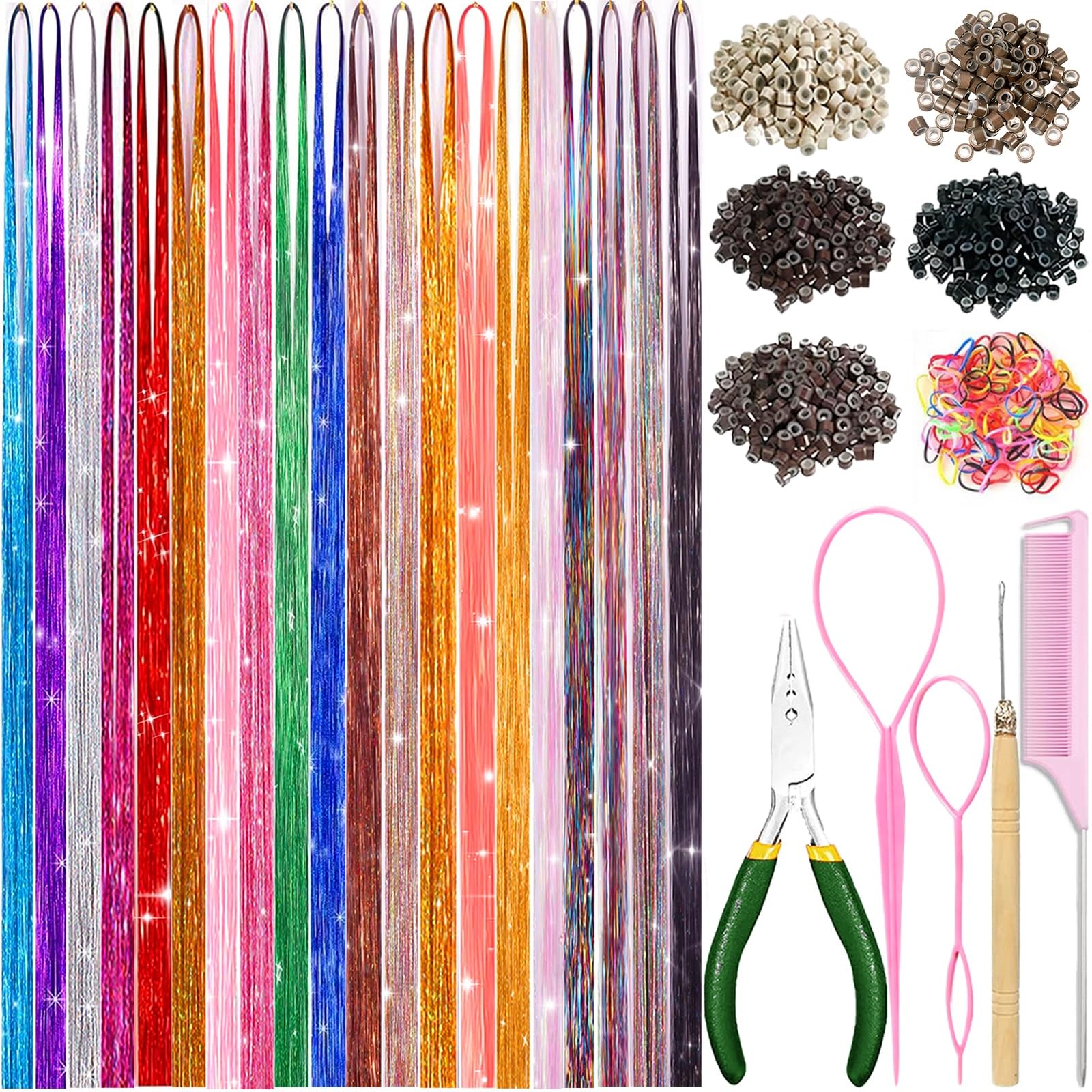 HAITOO hair tinsel kit with 20 colors for vibrant party-ready looks.