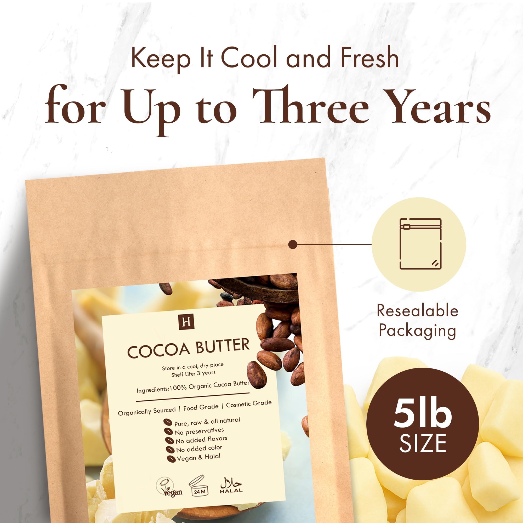 HalalEveryDay resealable kraft bag storage keeps cocoa butter fresh and ready to use.