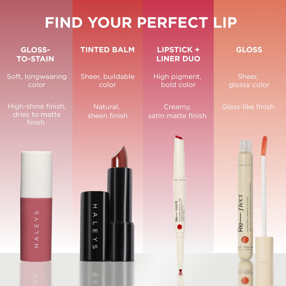 HALEYS Re-dew lip gloss all-day wear shown with sleek packaging context.