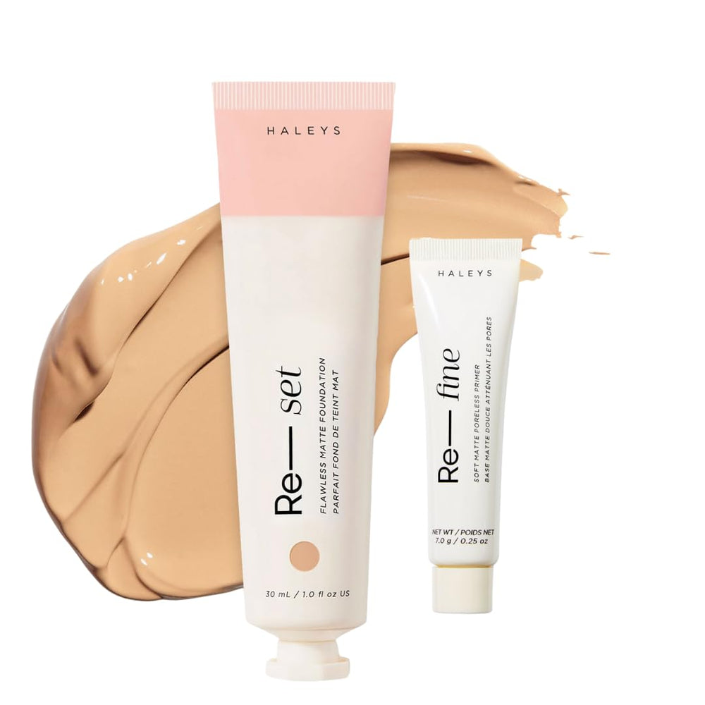 HALEYS Re-set foundation bottle with full-coverage matte finish on even skin