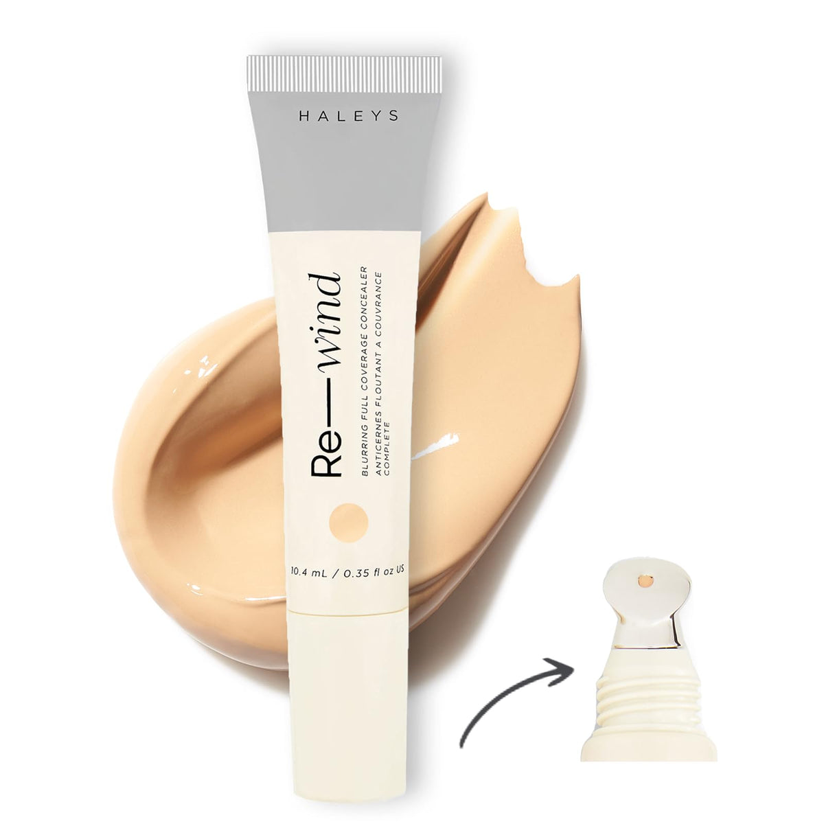 HALEYS Re-wind bottle close-up showing full-coverage concealer for seamless wear.