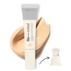 HALEYS Re-wind bottle close-up showing full-coverage concealer for seamless wear.