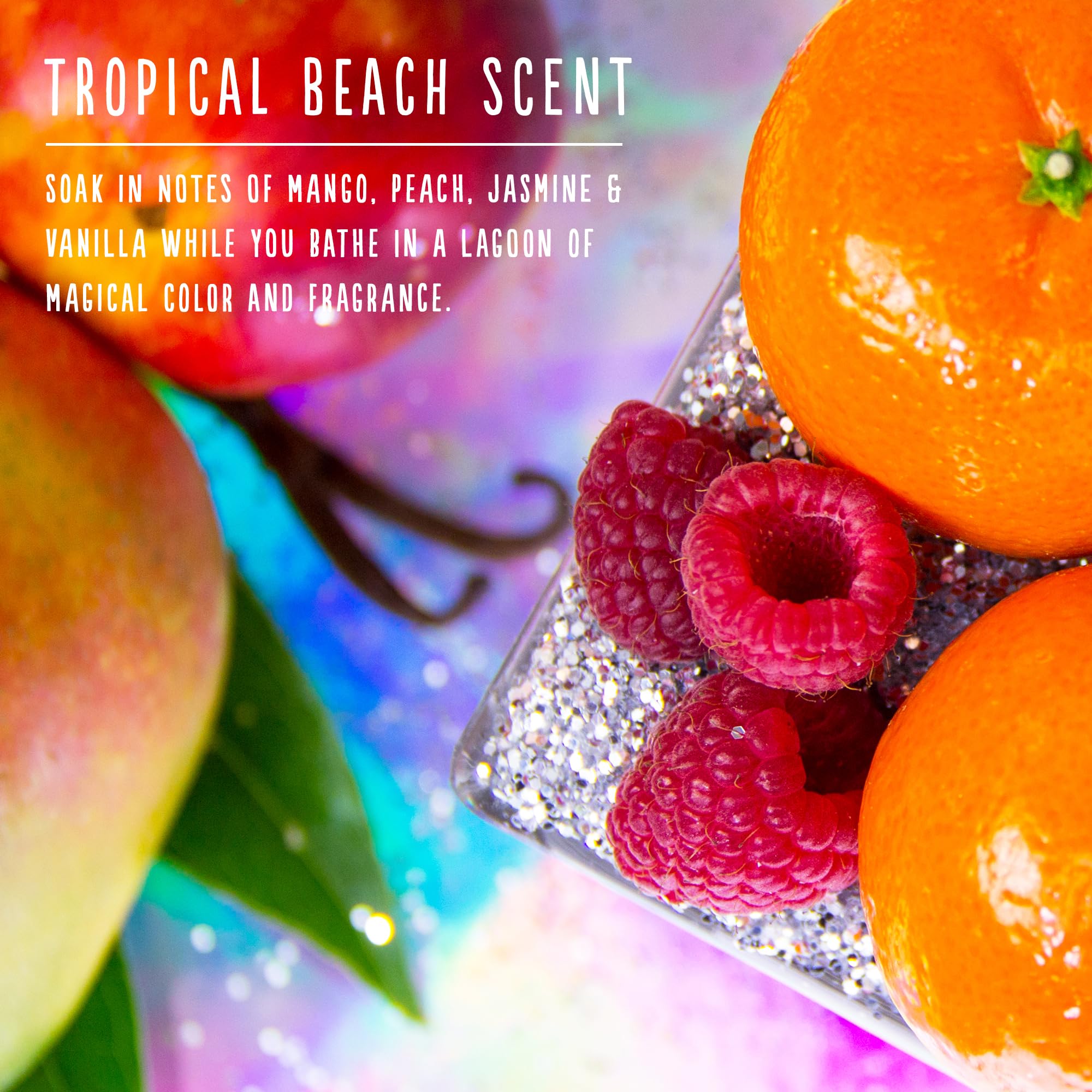 Hallu Tropical Beach Geode Bath Bomb color show in tub suggests playful spa vibes.