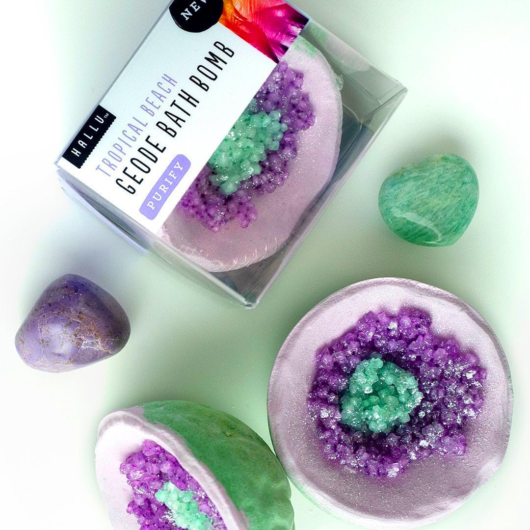 Hallu Tropical Beach Geode Bath Bomb mango peach vanilla scent for relaxing baths.