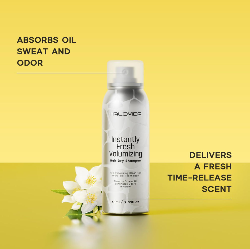 HALOVIDA Dry Shampoo ingredients panel features panthenol and vitamin E.