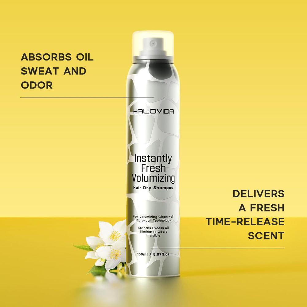 HALOVIDA dry shampoo absorbs excess oil to refresh second-day hair.