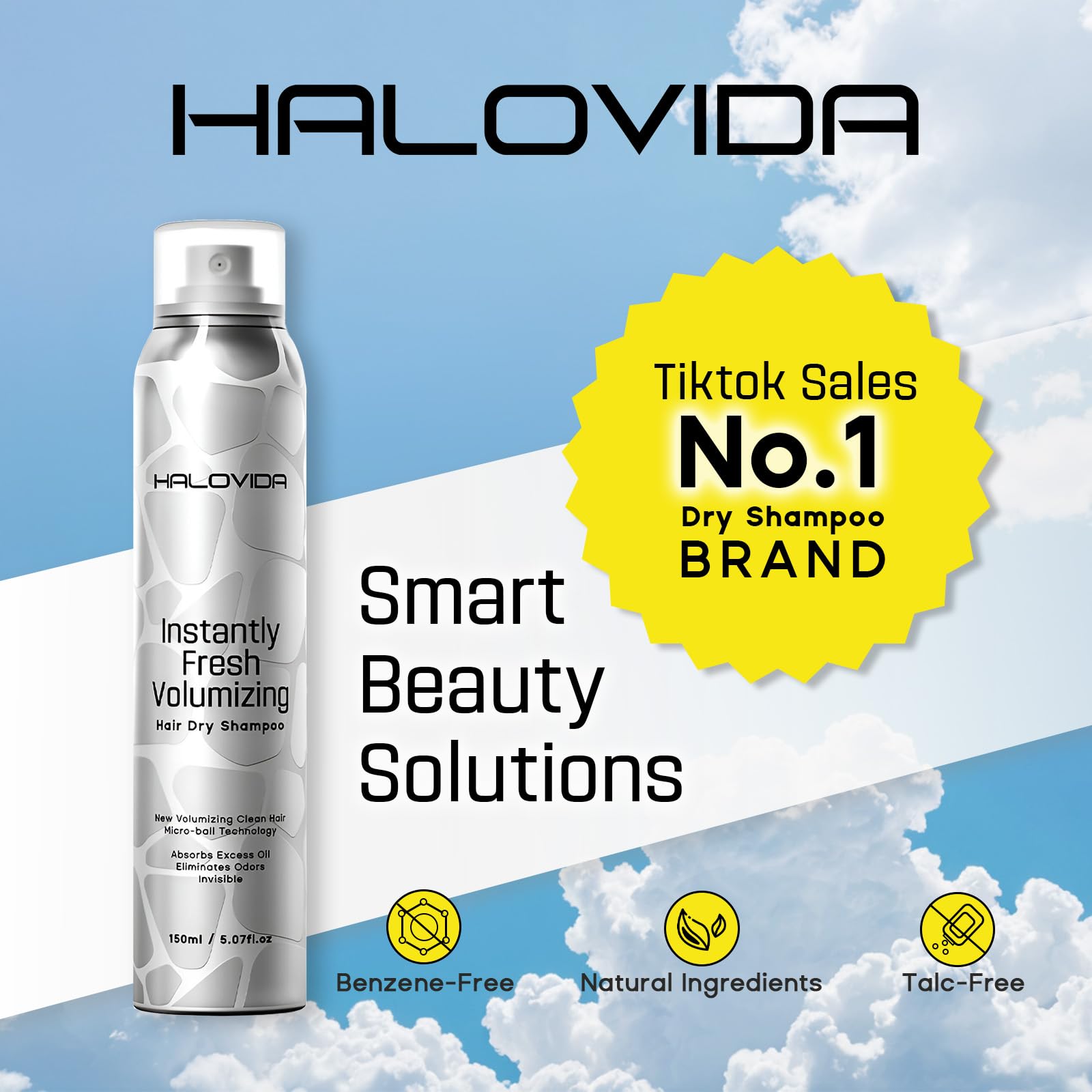 HALOVIDA Dry Shampoo box packaging emphasizes a clean, talc-free formula.