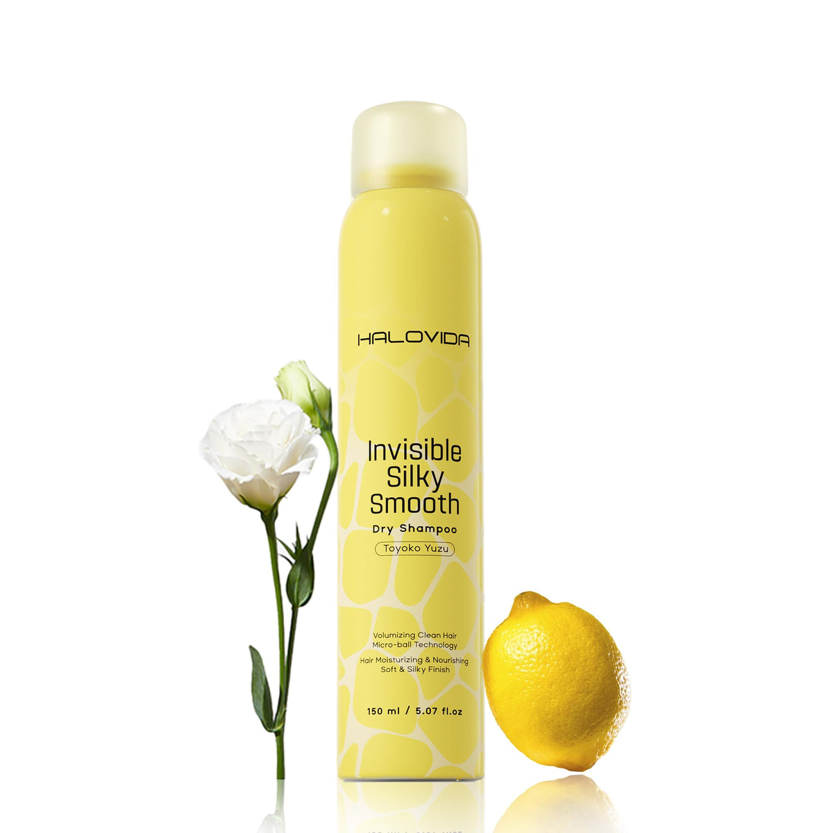 HALOVIDA Dry Shampoo Silky Yuzu bottle showing oil-absorption formula for quick refresh