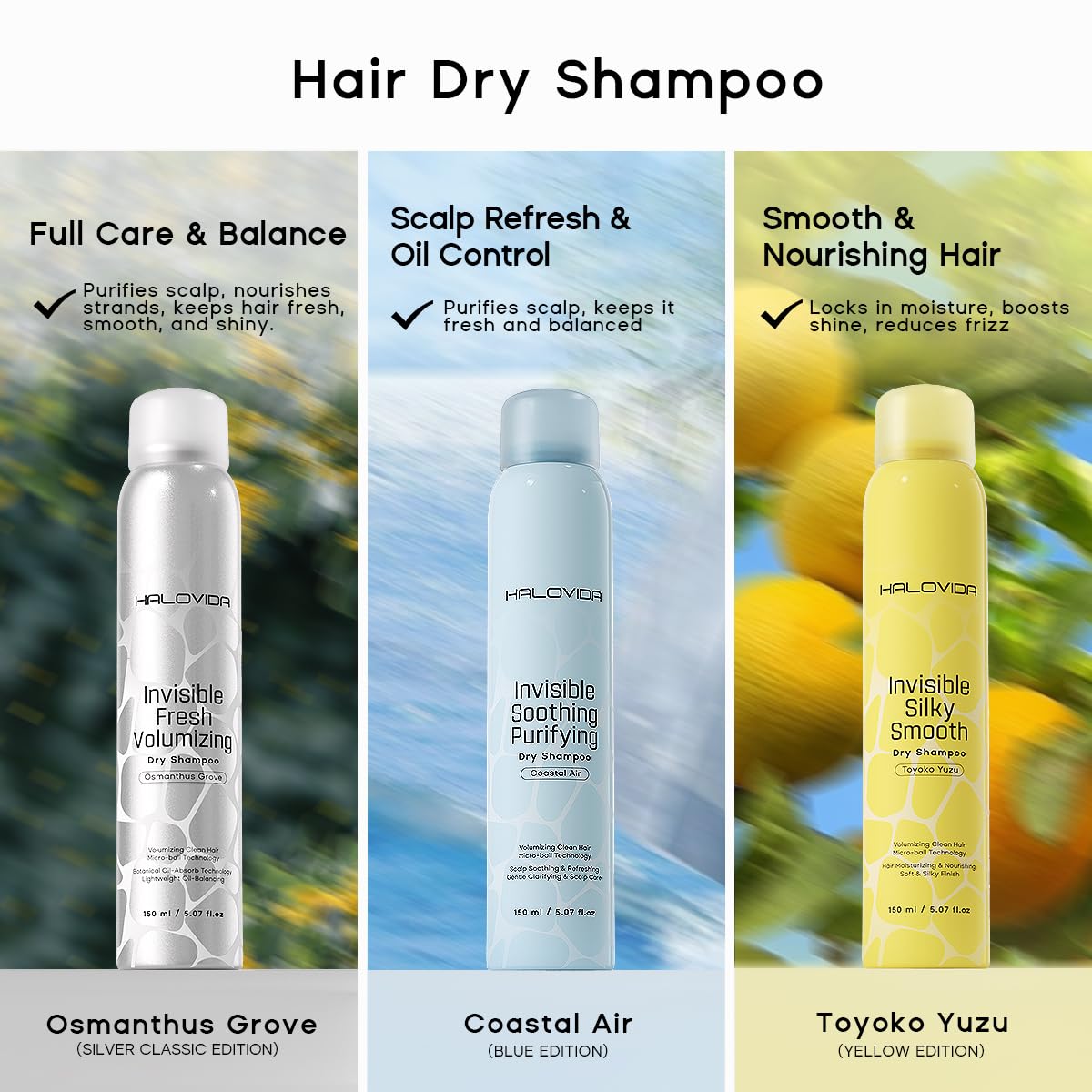 HALOVIDA Dry Shampoo Silky Yuzu no white residue finish on hair