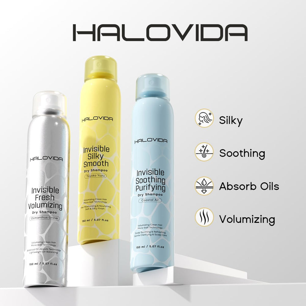 HALOVIDA Dry Shampoo Silky Yuzu powder texture hint indicating lightweight formula