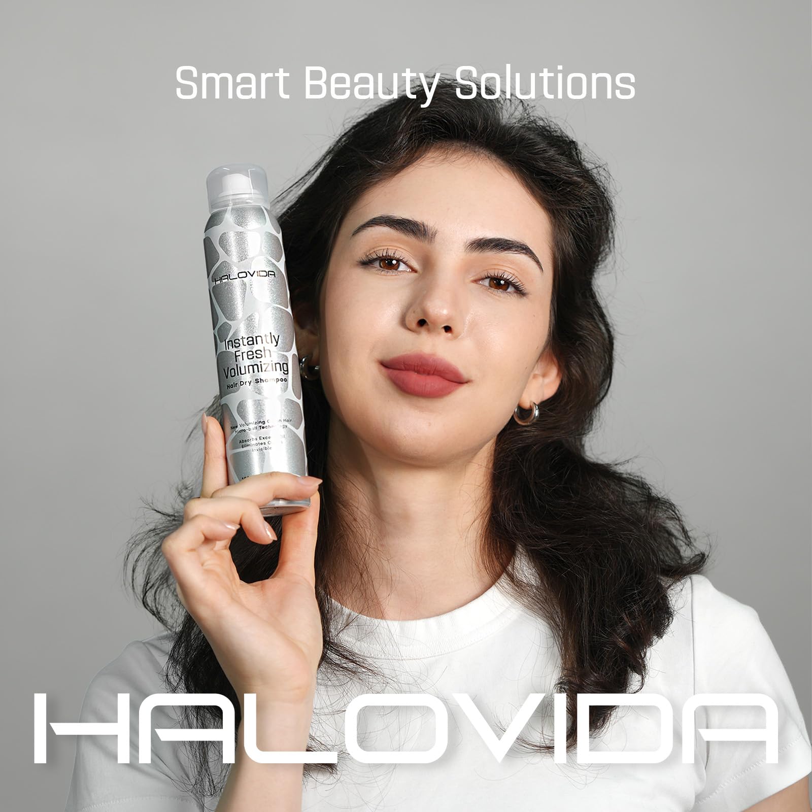 HALOVIDA Dry Shampoo bottle side view shows compact, travel-ready packaging.