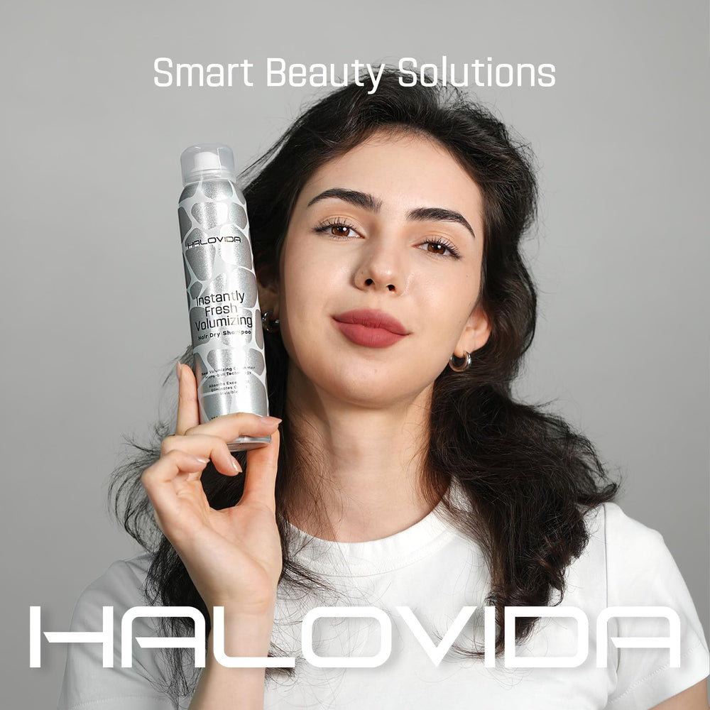 HALOVIDA Dry Shampoo bottle side view shows compact, travel-ready packaging.