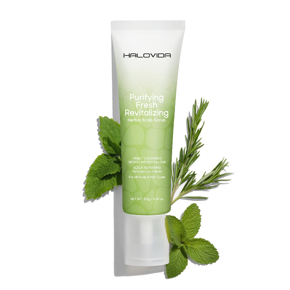 HALOVIDA scalp scrub bottle for easy at-home exfoliation
