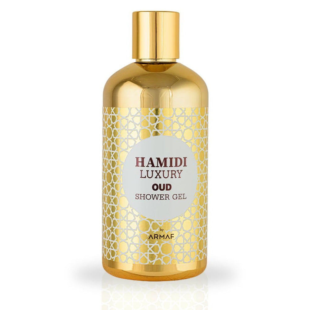Hamidi Luxury Oud Shower Gel bottle highlights premium design with lasting hydration for daily use.