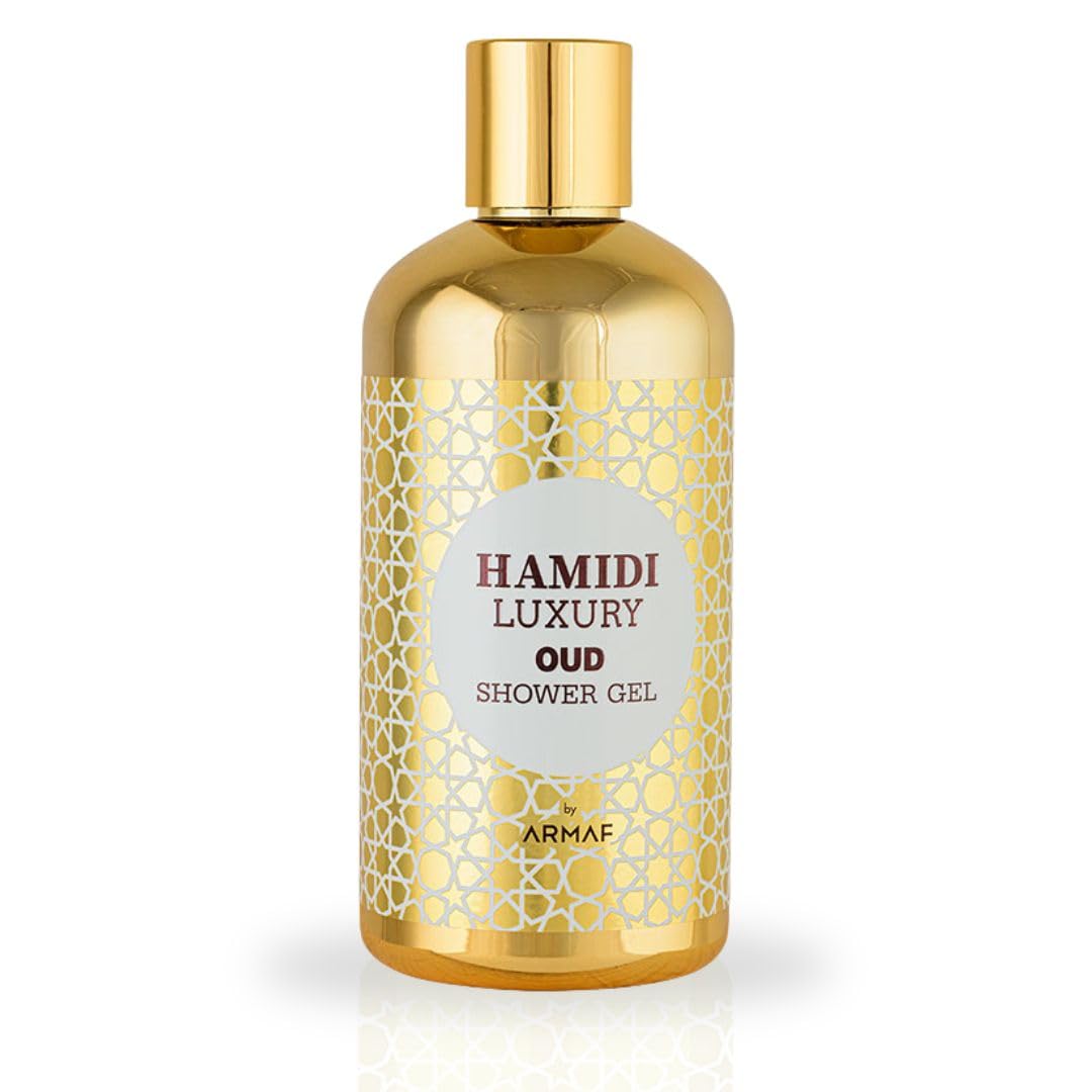 Hamidi Luxury Oud Shower Gel bottle highlights premium design with lasting hydration for daily use.