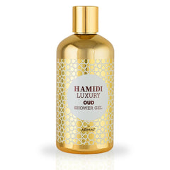 Hamidi Luxury Oud Shower Gel bottle highlights premium design with lasting hydration for daily use.