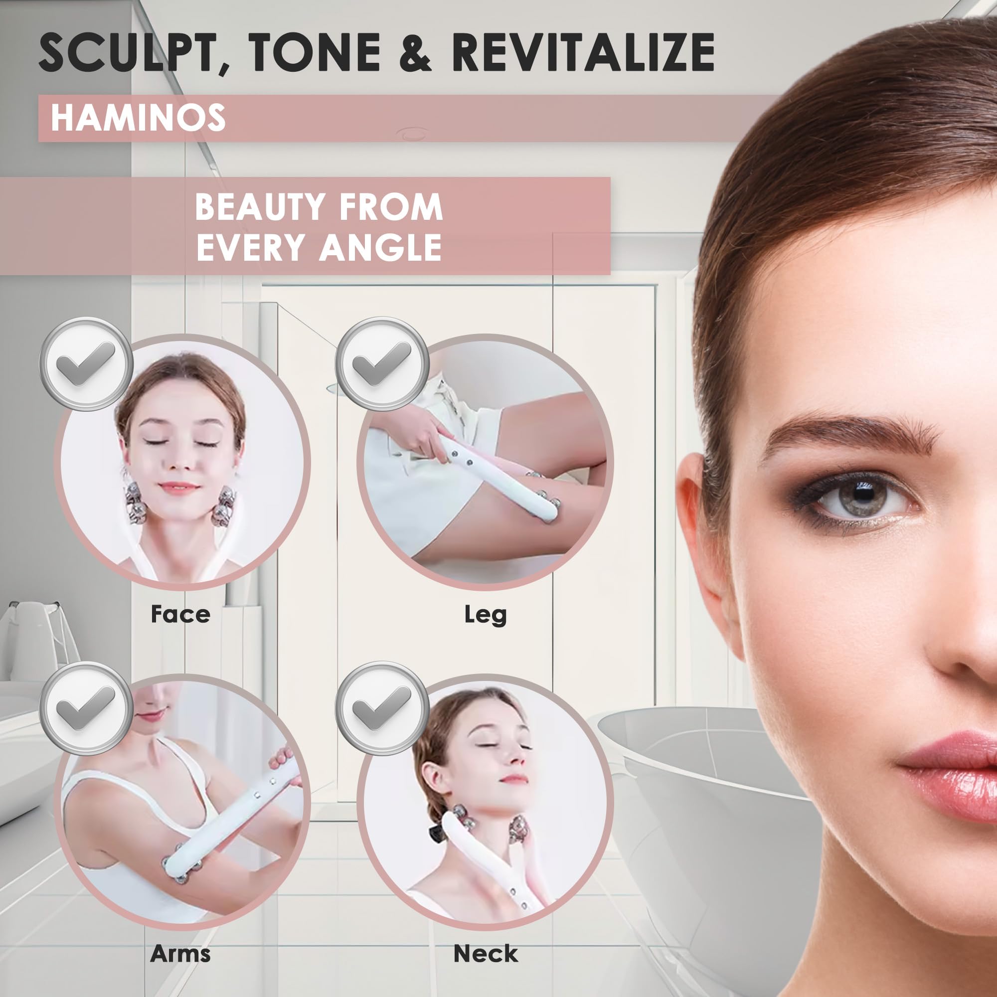 HAMINOS V-shaped head in use supports facial contouring and neck lift.