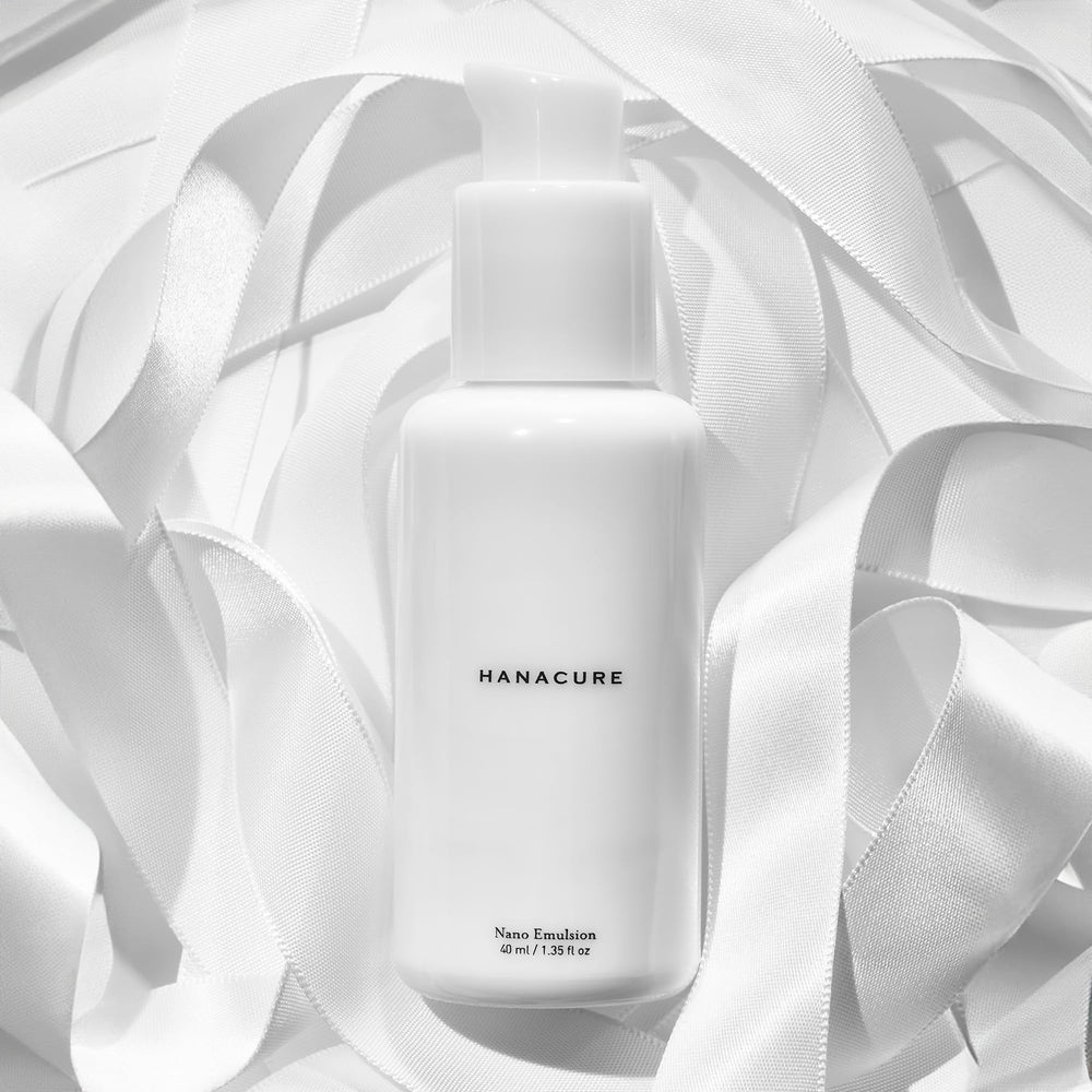 Hanacure Nano Emulsion Moisturizer applied to face, ideal for day and night use.