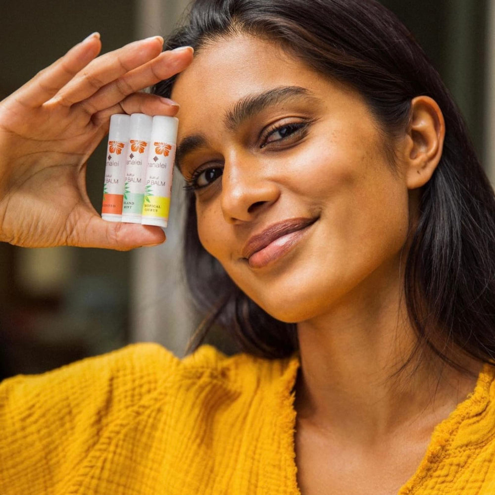 Closeup of Hanalei Lip Balm packaging highlighting clean, cruelty-free design