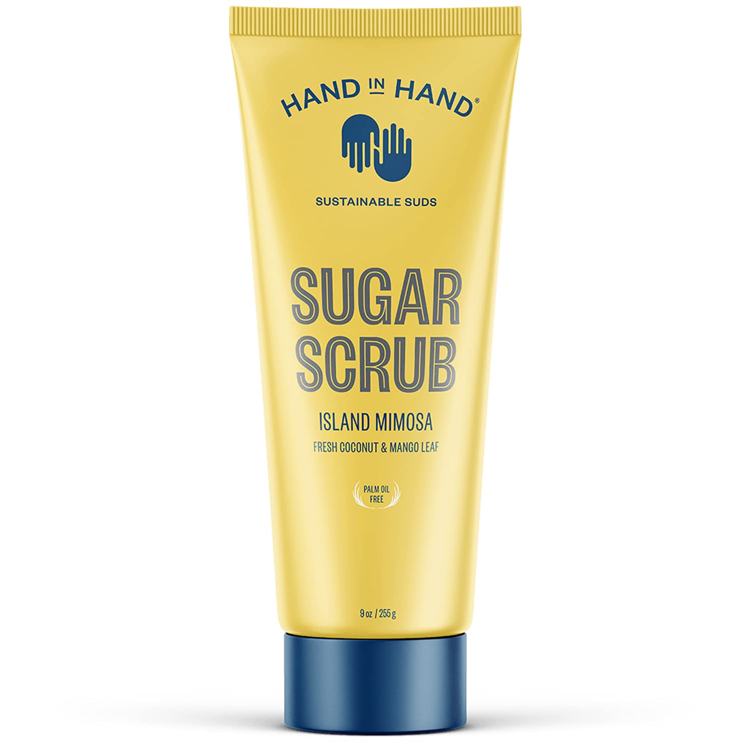 Hand in Hand Sugar Scrub bottle closeup, tropical Island Mimosa scent enhances shower routine and smooths skin.