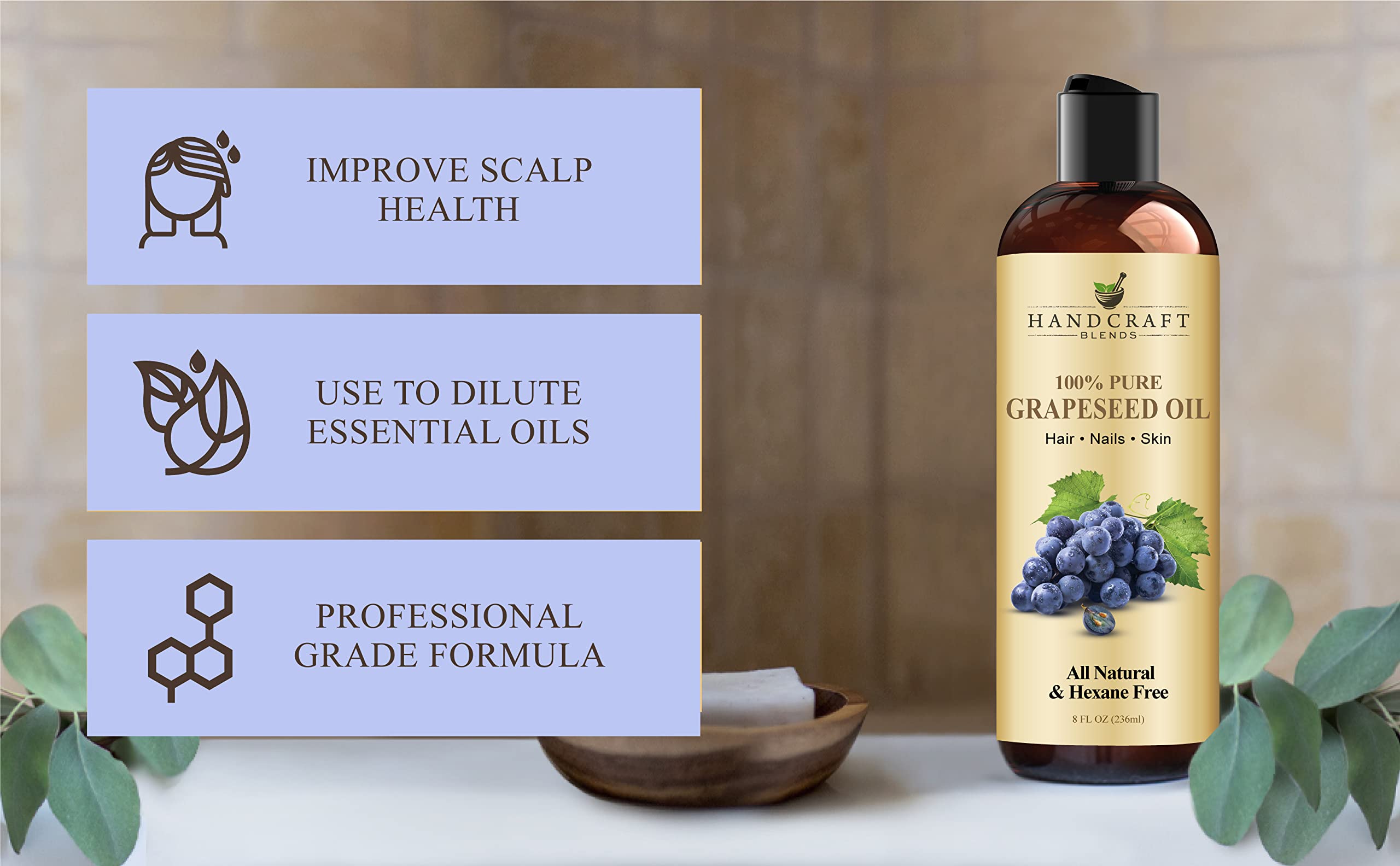 Handcraft Blends Grapeseed Oil on vanity for skin care.
