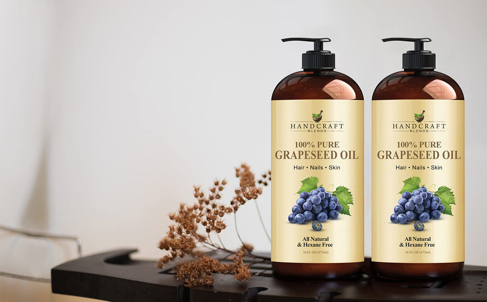 Oil applied to skin and hair from Handcraft Blends grapeseed oil for hydration and shine
