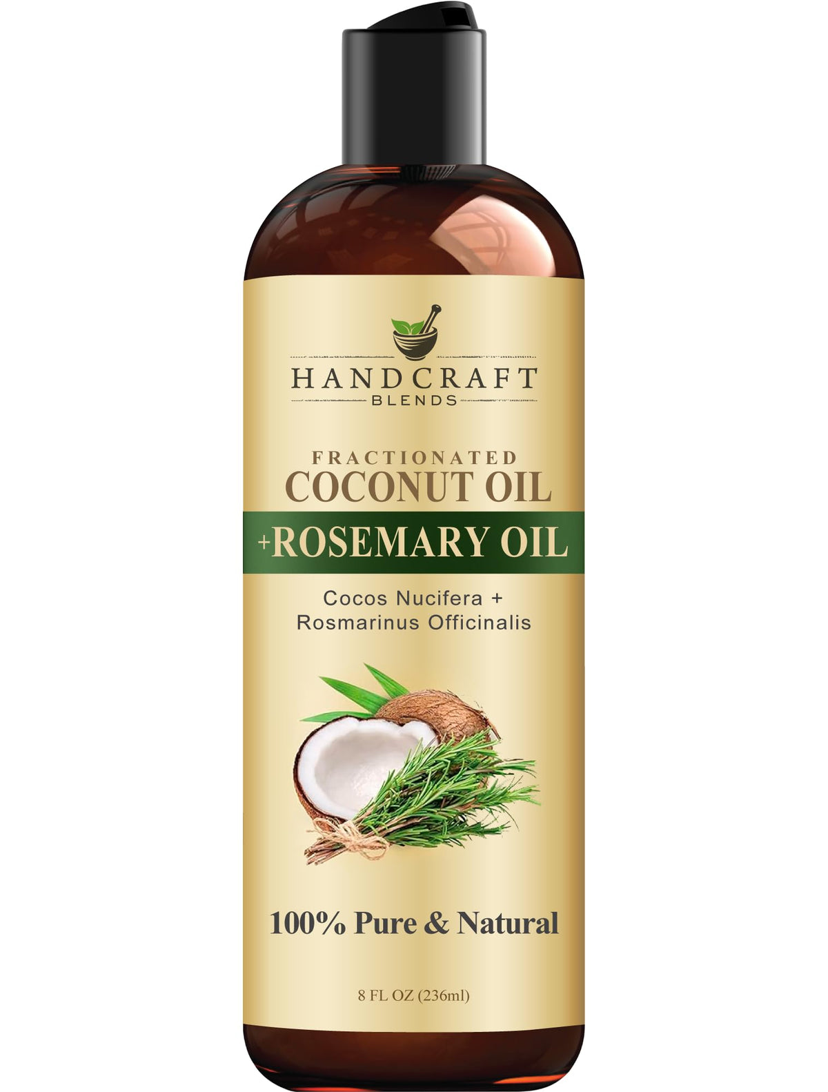 Handcraft Blends rosemary coconut oil bottle highlights premium carrier for skin and hair care.