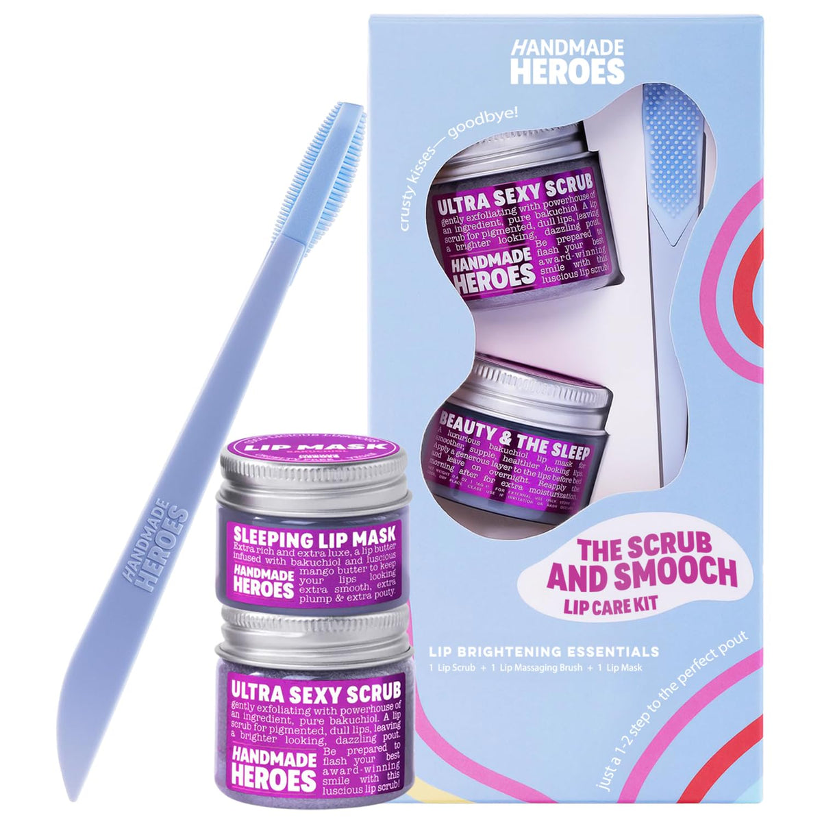Handmade Heroes Bakuchiol lip scrub tube for gentle exfoliation and smooth lips.