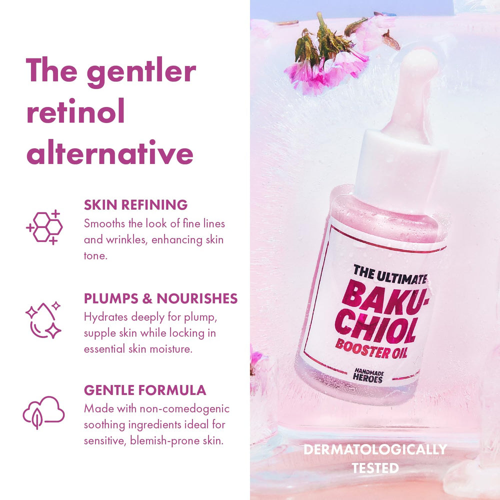 Handmade Heroes Bakuchiol oil dropper close-up highlights precise dispensing and vegan formula.