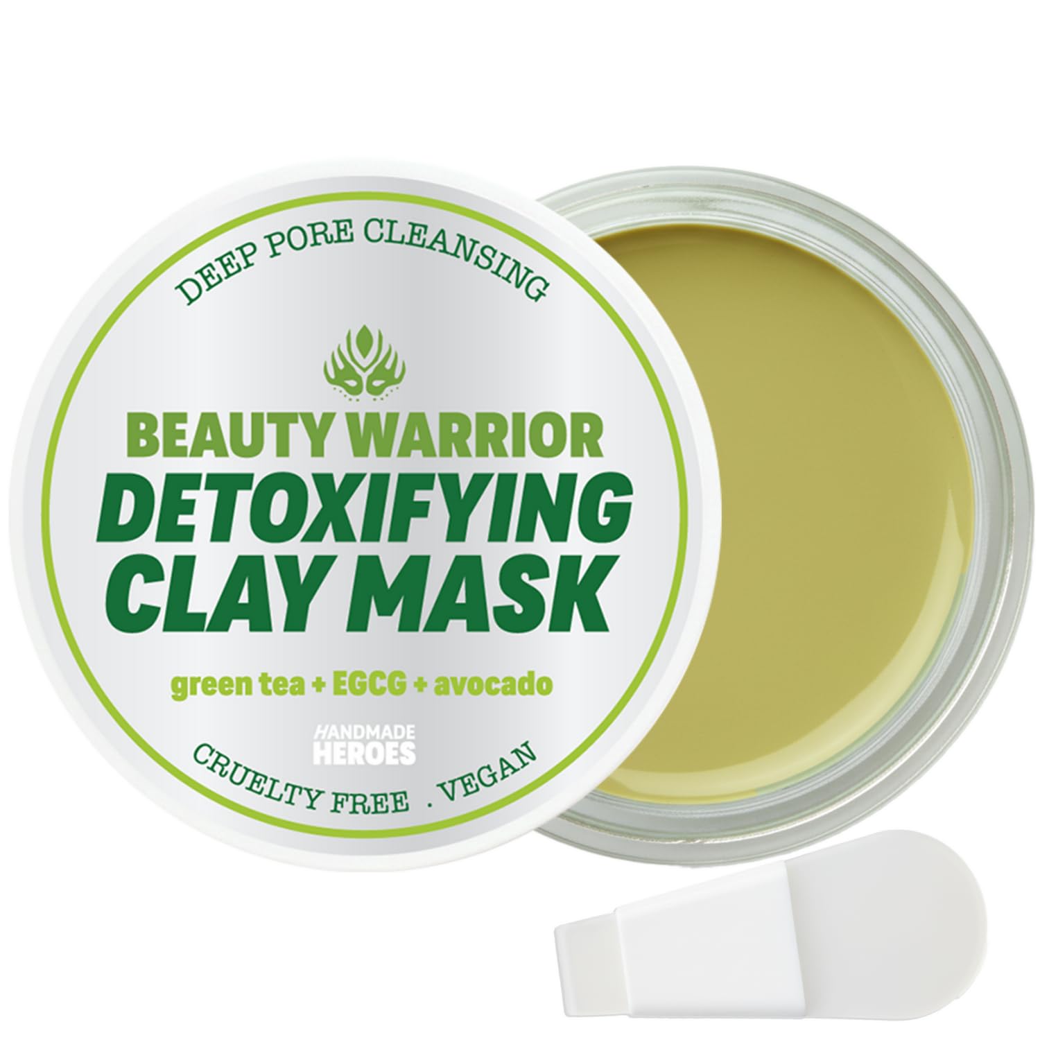 Handmade Heroes Green Tea EGCG Clay Mask jar close-up showing refined pores