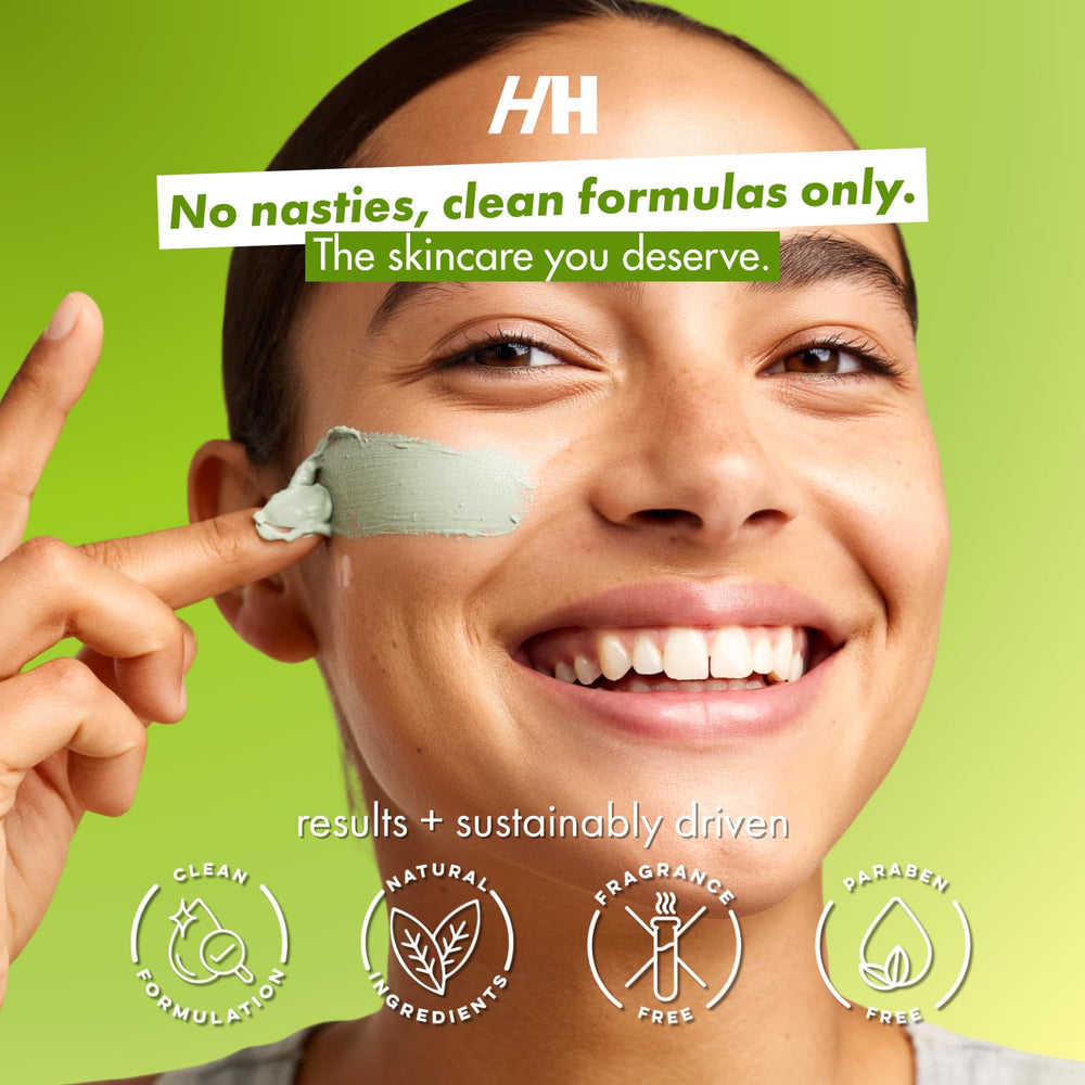 Front packaging of Handmade Heroes Green Tea EGCG Clay Mask vegan formula