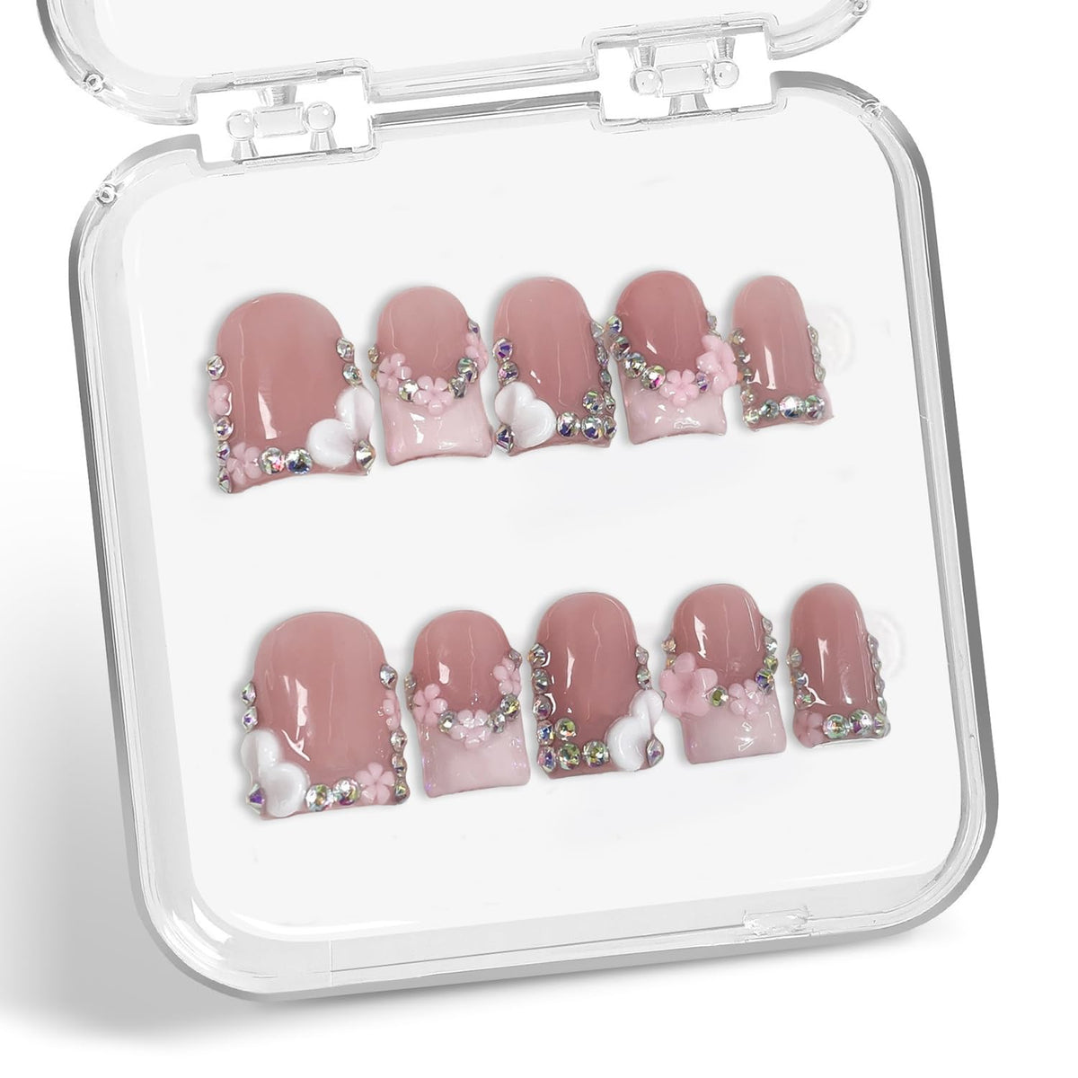 Handmade press on nails with 3D floral pink design for elegant nails