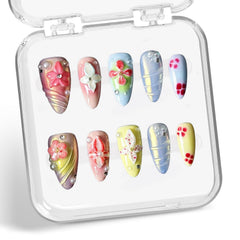 Handmade flower press on nails with 3D pearls for chic look.